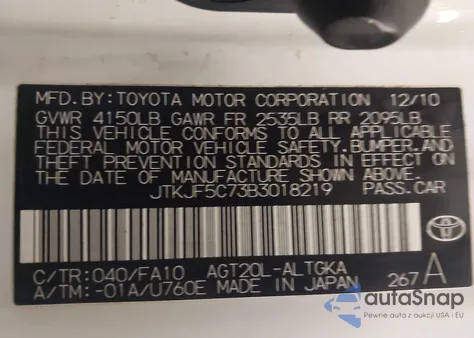 2011 Scion Tc из США, поврежденный, VIN JTKJF5C73B3018219